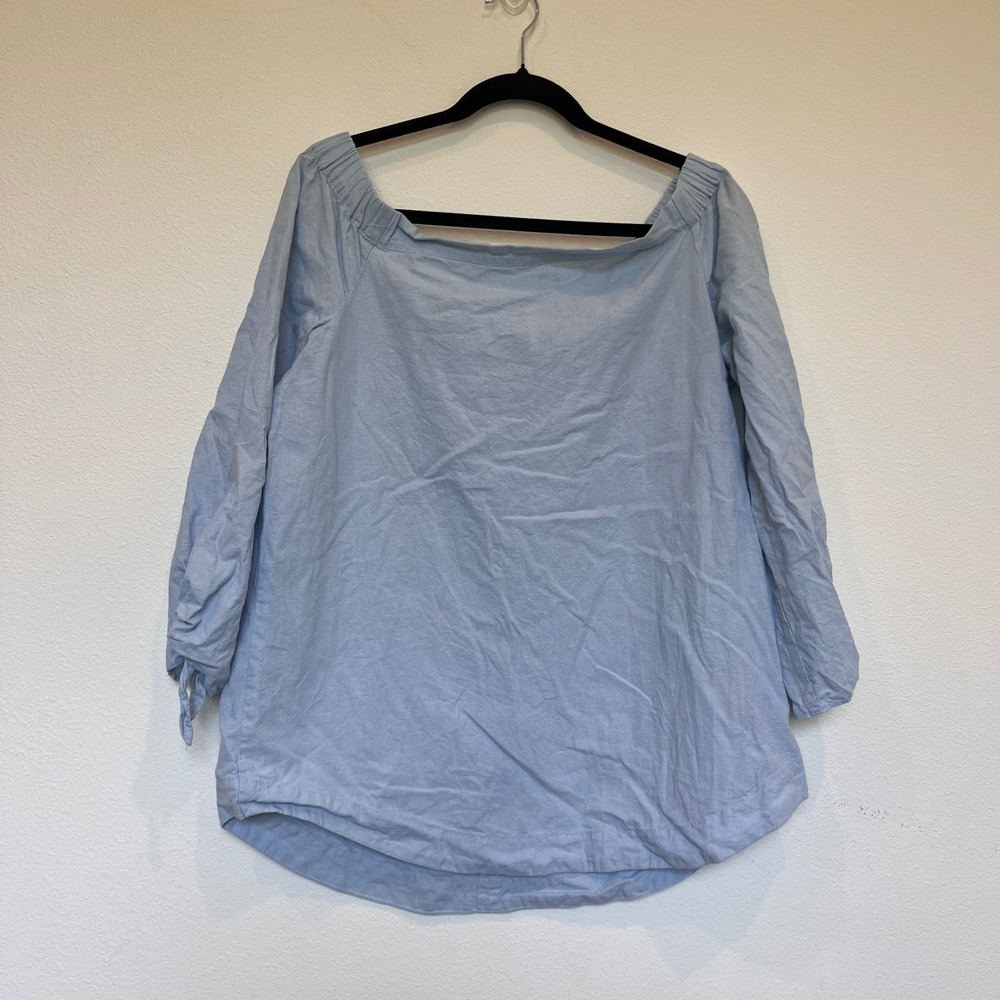 Free People Light Blue Cotton Off The Shoulder Tie Sleeve Blouse Top Medium